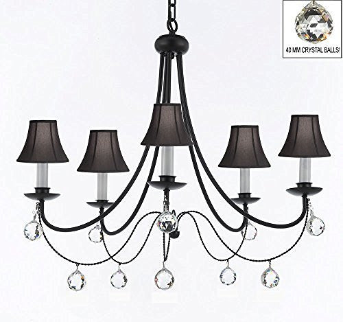 Empress Crystal (Tm) Wrought Iron Chandelier Lighting H.22.5" X W.26" With Black Shades And Crystal Balls - J10-Sc/Blackshades/B6/26031/5