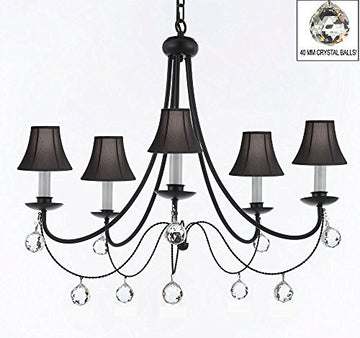 Empress Crystal (Tm) Wrought Iron Chandelier Lighting H.22.5" X W.26" With Black Shades And Crystal Balls - J10-Sc/Blackshades/B6/26031/5