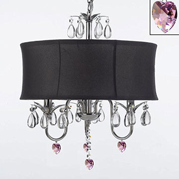 Crystal Chandelier With Large Black Shade And Pink Crystal Hearts W18" H 22" - Perfect For Kids' And Girls Bedrooms - J10-B21/Black/26032/3