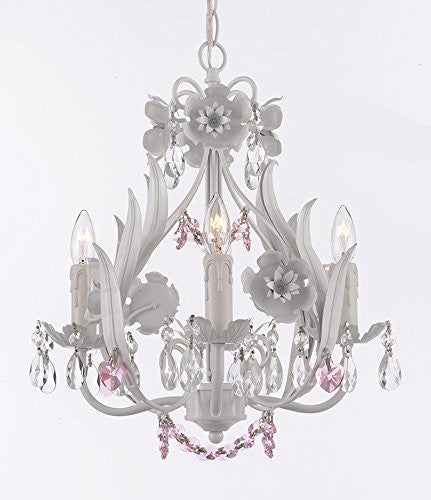 White Iron Floral Crystal Flower Chandelier Lighting W/ Pink Crystal Hearts And Strands - Perfect For Kid'S And Girls Bedroom - J10-B41/White/26027/4