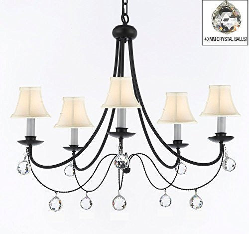 Empress Crystal (Tm) Wrought Iron Chandelier Lighting H.22.5" X W.26" With White Shades And Crystal Balls Swag Plug In-Chandelier W/ 14' Feet Of Hanging Chain And Wire - J10-B16/Sc/Whiteshades/B6/26031/5