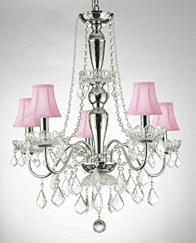 Swarovski Crystal Trimmed Chandelier Elegant 5 Light Crystal Chandelier Pendant Lighting Fixture Light Lamp W/ Shades - J10-Pinkshades/2/26017/5 Sw