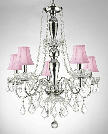 Swarovski Crystal Trimmed Chandelier Elegant 5 Light Crystal Chandelier Pendant Lighting Fixture Light Lamp W/ Shades - J10-Pinkshades/2/26017/5 Sw