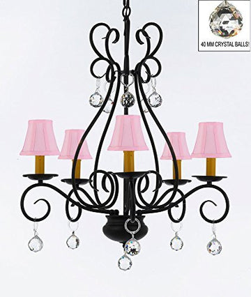 Wrought Iron Empress Crystal (Tm) Chandelier With Shades And Crystal Balls H25.5" W25.5" - P7-B6/Sc/Pinkshades/441/5