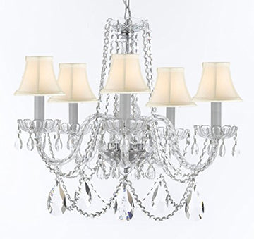Murano Venetian Style Chandelier Crystal Lights Fixture Pendant Ceiling Lamp for Dining Room, Bedroom, Entryway , Living Room with Large, Luxe, Diamond Cut Crystals! H25" X W24" w/ White Shades - A46-WHITESHADES/B93/B89/384/5DC