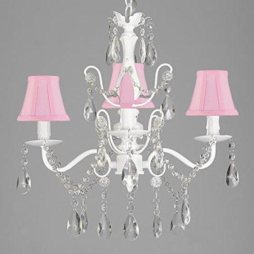 Wrought Iron and Crystal 4 Light White Chandelier H 14" X W 15" Pendant Fixture Lighting Hardwire and Plug In with Shades - J10-SC/SCL-01490CW/PINK