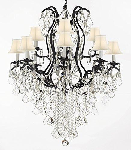 Wrought Iron Crystal Chandelier Lighting H40" X W28" With Shades Trimmed With Spectra (Tm) Crystal - Reliable Crystal Quality By Swarovski - F83-Sc/Whiteshade/B12/3034/8+4Sw