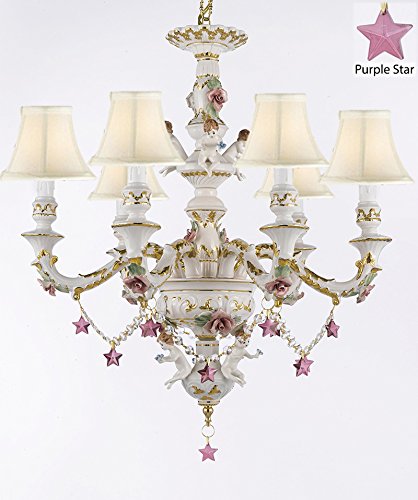 Authentic Capodimonte Porcelain Chandelier Lighting w/ Cherub Angels W/ Purple Stars W/ White Shades Made in Italy Good for Dining Room, Kids & Girls Bedrooms 24K Gold Trimmed w/ Roses & Flowers - GB102-SC/WHITESHADES/B51/119/6