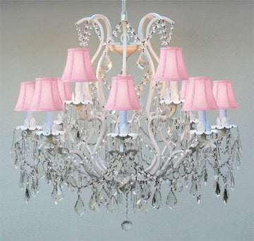 Swarovski Crystal Trimmed Chandelier White Wrought Iron Crystal Chandelier Lighting With Pink Shades H30" X W28" - J10-PINKSHADES/WHITE/26014/12 SW