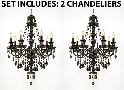 Set Of 2 - New Jet Black Gothic Crystal Chandelier Lighting H37" X W26" - J10-2Ea-Black/Sm/26073/7