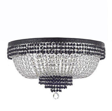 French Empire Crystal Flush Chandelier Chandeliers Lighting Trimmed with Jet Black Crystal With Dark Antique Finish! H21" X W30" Good for Dining Room, Foyer, Entryway, Family Room and More! - A500-B87/CB/FLUSH/870/14