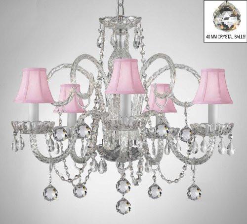 Crystal Chandelier With Pink Shades & Crystal Balls - A46-B6/Pinkshades/385/5