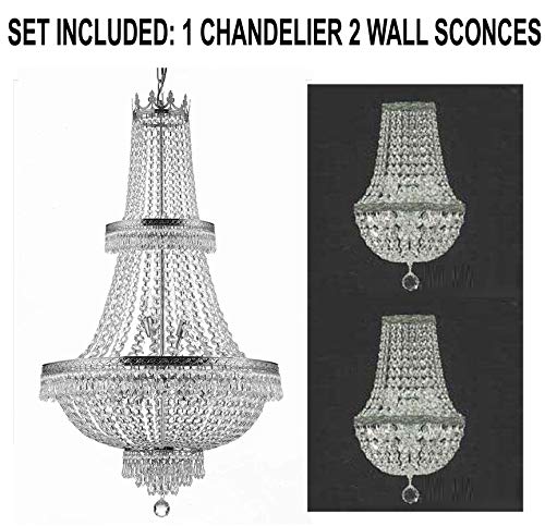 Set of 3-1 French Empire Crystal Chandelier Lighting H50" X W24" - Great for The Dining Room, Living Room! and 2 Empire Crystal Wall Sconce Lighting H 18" X W 9.5" X D 5" - A500-1EA CS/870/15 + 2EA CS/4/5/WALLSCONCE