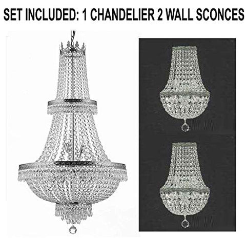 Set of 3-1 French Empire Crystal Chandelier Lighting H50" X W24" - Great for The Dining Room, Living Room! and 2 Empire Crystal Wall Sconce Lighting H 18" X W 9.5" X D 5" - A500-1EA CS/870/15 + 2EA CS/4/5/WALLSCONCE
