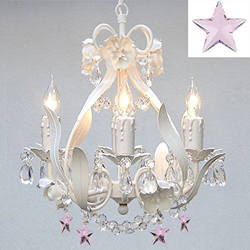 White Iron Empress Crystal(Tm) Flower Chandelier Lighting W/ Pink Crystal Stars - Nursery Kids Girls Bedrooms Kitchen Etc - J10-B38/White/26027/4