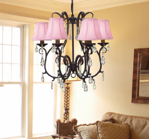 WROUGHT IRON CRYSTAL CHANDELIER WITH PINK SHADES - A7-PINKSHADES/406/6