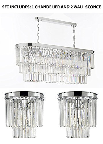 Set of 2: 1 Retro Palladium Glass Fringe Chandeliers Lighting Chrome Finish and 1 Palladium Empress Crystal (tm) Glass Fringe 2-tier Wall Sconce Lighting Chrome Finish - 1EA 2164/12 + 1EA 3/2164/WALLSCONCE