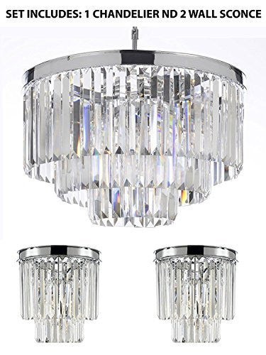 Set Of 3: 2 Palladium Empress Crystal (Tm) Glass Fringe 3-Tier Light Chrome Finish H 21.5" W 19.75" & 2 Palladium Empress Crystal (Tm) Glass Fringe 2-Tier Wall Sconce Lighting Chrome Finish W 13" X H 15 X D 6 - 1Ea 2164/9 + 2Ea 3/2164/Wallsconce