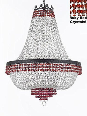 French Empire Crystal Chandelier Chandeliers Lighting Trimmed with Ruby Red Crystal With Dark Antique Finish! H36" X W30" Good for Dining Room, Foyer, Entryway, Family Room and More! - A500-B74/CB/870/14