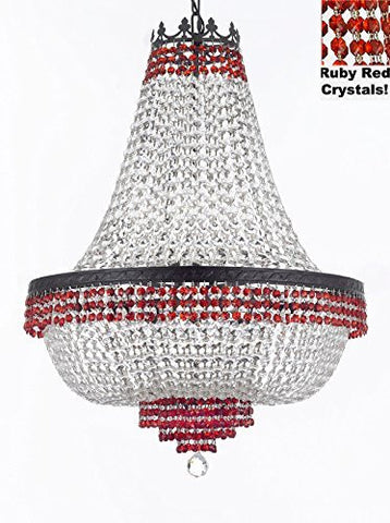 French Empire Crystal Chandelier Chandeliers Lighting Trimmed With Ruby Red Crystal With Dark Antique Finish H30" X W24" Good For Dining Room Foyer Entryway Family Room And More - A500-B74/Cb/870/9