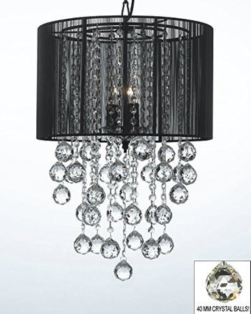 Crystal Chandelier W/ Large Black Shade & Crystal Balls H24" W15" - G7-B6/Black/3/26029/3
