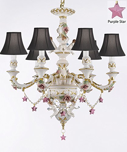 Authentic Capodimonte Porcelain Chandelier Lighting w/ Cherub Angels W/ Purple Stars W/ Black Shades Made in Italy Good for Dining Room, Kids & Girls Bedrooms 24K Gold Trimmed w/ Roses & Flowers - GB102-SC/BLACKSHADES/B51/119/6