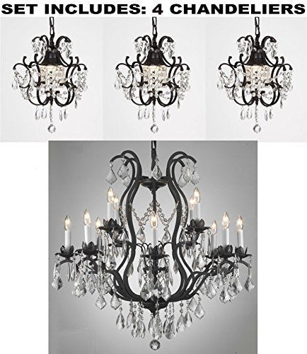 Set Of 4 - Wrought Iron Chandelier Lighting H30" X W28" And Wrought Iron Crystal Chandeliers H14" W11" - A500-1Ea-3034/8+4 + 3Ea-26030/1