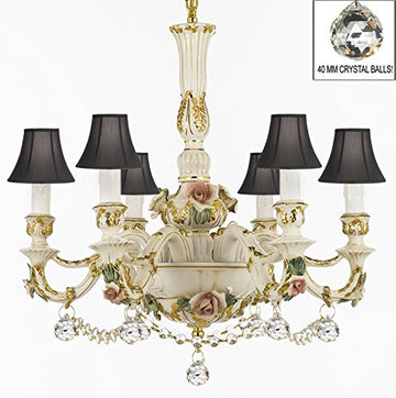 Authentic Capodimonte Porcelain Chandelier Lighting Chandeliers Cottage Chic Made in Italy Dressed w/ Crystals and Crystal Balls With Black Shades - GB102-SC/BLACKSHADE/B52/B6/435/6