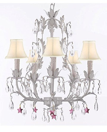 White Wrought Iron Floral Chandelier Lighting W/ Purple Stars And Shades - J10-Sc/Whiteshade/B51/White/26016/5