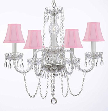 Murano Venetian Style All-Crystal Chandelier With Pink Shades H25" W24" - G46-Sc/Pinkshade/381/5