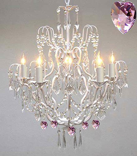 Wrought Iron & Crystal Chandelier Authentic Empress Crystal(Tm) Chandelier With Pink Hearts Nursery Kids Girls Bedrooms Kitchen Etc. - J10-White/B21/C/26025/5