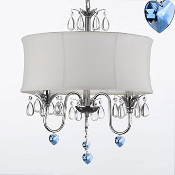 Crystal Chandelier Chandeliers With Large White Shade And Blue Crystal Hearts W18" H 22" - Perfect For Kids' And Girls Bedrooms - J10-B85/White/26033/3