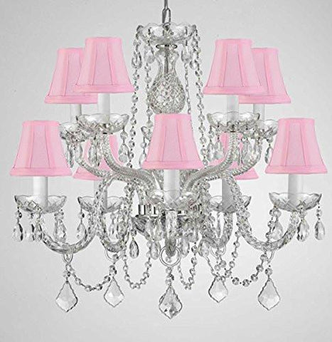 Swarovski Crystal Trimmed Chandelier Crystal Chandelier Lighting With Pink Shades H 25" X W 24" Swag Plug In-Chandelier W/ 14' Feet Of Hanging Chain And Wire - G46-B15/Pinkshades/Cs/1122/5+5 Sw