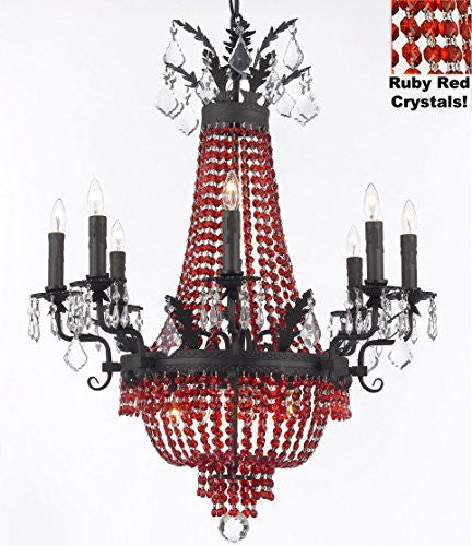 Moroccan Style French Empire Crystal Chandelier Chandeliers H32" W25" - Dressed With Ruby Red Crystals Perfect For Dining Room / Entryway / Foyer / Living Room With Dark Antique Finish - A500-B81/B88/1280/8+4