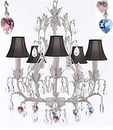 White Wrought Iron Floral Chandelier Lighting W/ Blue And Pink Hearts And Shades - J10-Sc/Blackshade/B85/B21/White/26016/5