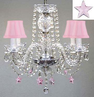 Empress Crystal(Tm) Chandelier Lighting W/ Pink Crystal Stars H 17" W17" - Nursery Kids Girls Bedrooms Kitchen Etc With Pink Shades - J10-Pinkshades/B38/26098/4