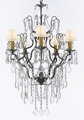 Wrought Iron Empress Crystal (Tm) Chandelier Lighting H32" X W21" With White Shades - J10-B12/Sc/Whiteshades/26034/5