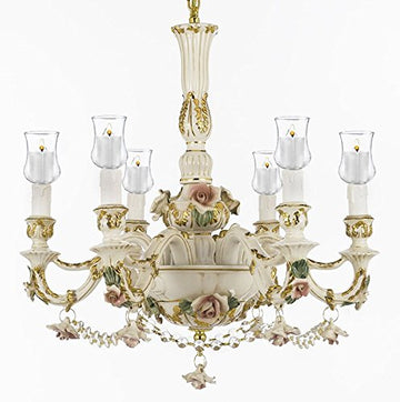 Authentic Capodimonte Porcelain Chandelier Lighting Chandeliers Cottage Chic Made in Italy, Good for Dining Room, Kids & Girls Bedrooms 24K Gold Trimmed w/ Roses & Flowers Dressed With Candle Votives - GB102-B52/B31/435/6