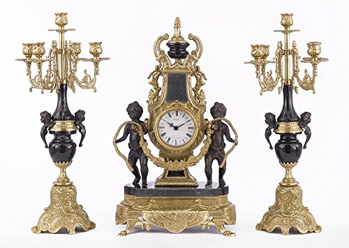Solid Brass and Marble Baroque Mantel Clock & Candelabra Set - Made in Italy! Speciality item, Limited Stock Available - GB101-BLACK/415/440