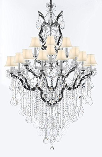 19th C. Baroque Iron & Crystal Chandelier Lighting H 64" W 41" - Dressed With Large, Luxe Crystals! Good for Dining room, Foyer, Entryway, Living Room, Family Room! w/ White Shades - A500-B12/B89/996/25DC-WhiteShades