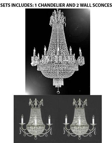 Set Of 3- 1 French Empire Crystal Chandelier Chandeliers Lighting 25X32 12 Lights And 2 Empire Crystal Wall Sconce Lighting W18" H23" D10" - A500-1Ea Cs/1280/8+4+2Ea CS/1/8/Wallsconce