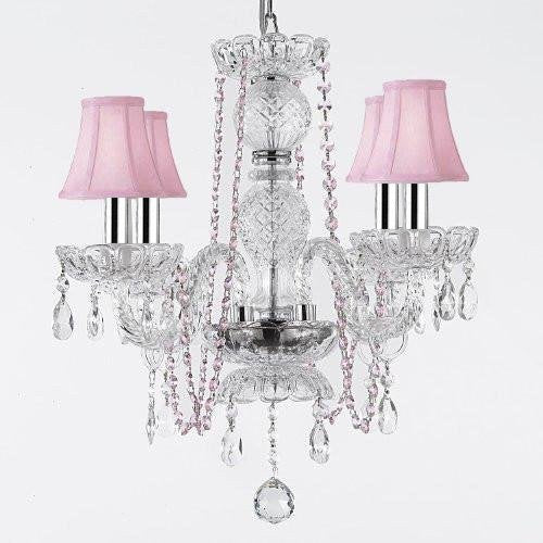 CRYSTAL CHANDELIER CHANDELIERS LIGHTING WITH PINK COLOR CRYSTAL AND SHADES W/CHROME SLEEVES! - J10-B43/PINKB1/PINKSHADES/26098/4