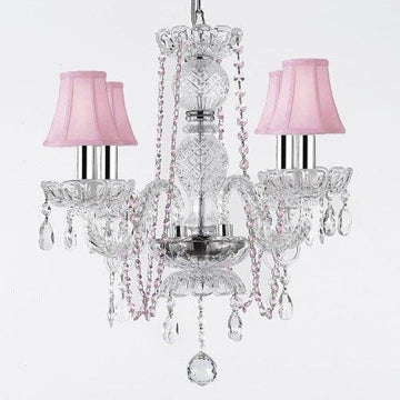 CRYSTAL CHANDELIER CHANDELIERS LIGHTING WITH PINK COLOR CRYSTAL AND SHADES W/CHROME SLEEVES! - J10-B43/PINKB1/PINKSHADES/26098/4