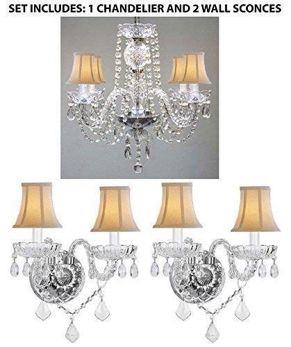 Set Of 3 - 1 Crystal Chandelier Lighting H17" X W17" And 2 Crystal Wall Sconce Lighting H.10" X W.10" With White Shades - 1Ea-Sc/Whsh/26098/4+2Ea-Sc/Whsh/B12/2/386