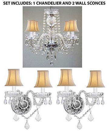 Set Of 3 - 1 Crystal Chandelier Lighting H17" X W17" And 2 Crystal Wall Sconce Lighting H.10" X W.10" With White Shades - 1Ea-Sc/Whsh/26098/4+2Ea-Sc/Whsh/B12/2/386