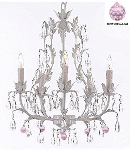 White Wrought Iron Floral Chandelier Lighting Chandeliers W/ Pink Balls - J10-B76/White/26016/5