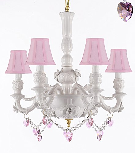 Authentic Capodimonte White Porcelain Chandelier Lighting Chandeliers Cottage Chic Made in Italy, Good for Dining Room, Kids & Girls Bedrooms w/ Roses & Flowers W/ Pink Hearts Crystals and Pink Shades - GB102-SC/PINKSHADE/B52/B21/WHITE/435/6