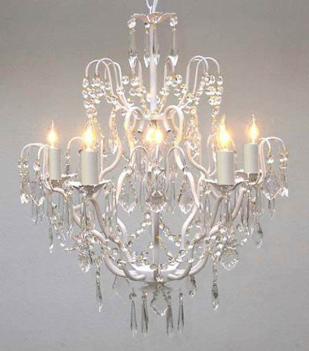 Swarovski Crystal Trimmed Chandelier White Wrought Iron Crystal Chandelier Lighting H27" X W21" - J10-White/C/26025/5 Sw