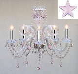 Empress Crystal(TM) Chandelier Lighting with Pink Crystal Stars w/Chrome Sleeves! H25 X W24 - Nursery, Kids, Girls Bedrooms, Kitchen, Etc! - GO-A46-B43/B38/387/5/PINK