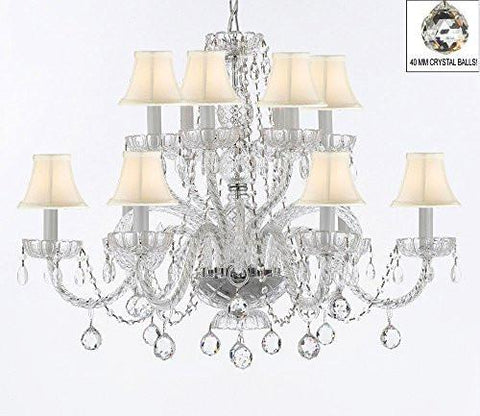 Murano Venetian Style All Empress Crystal (Tm) Chandelier With Crystal Balls And White Shades - A46-B6/Sc/Whiteshades/385/6+6